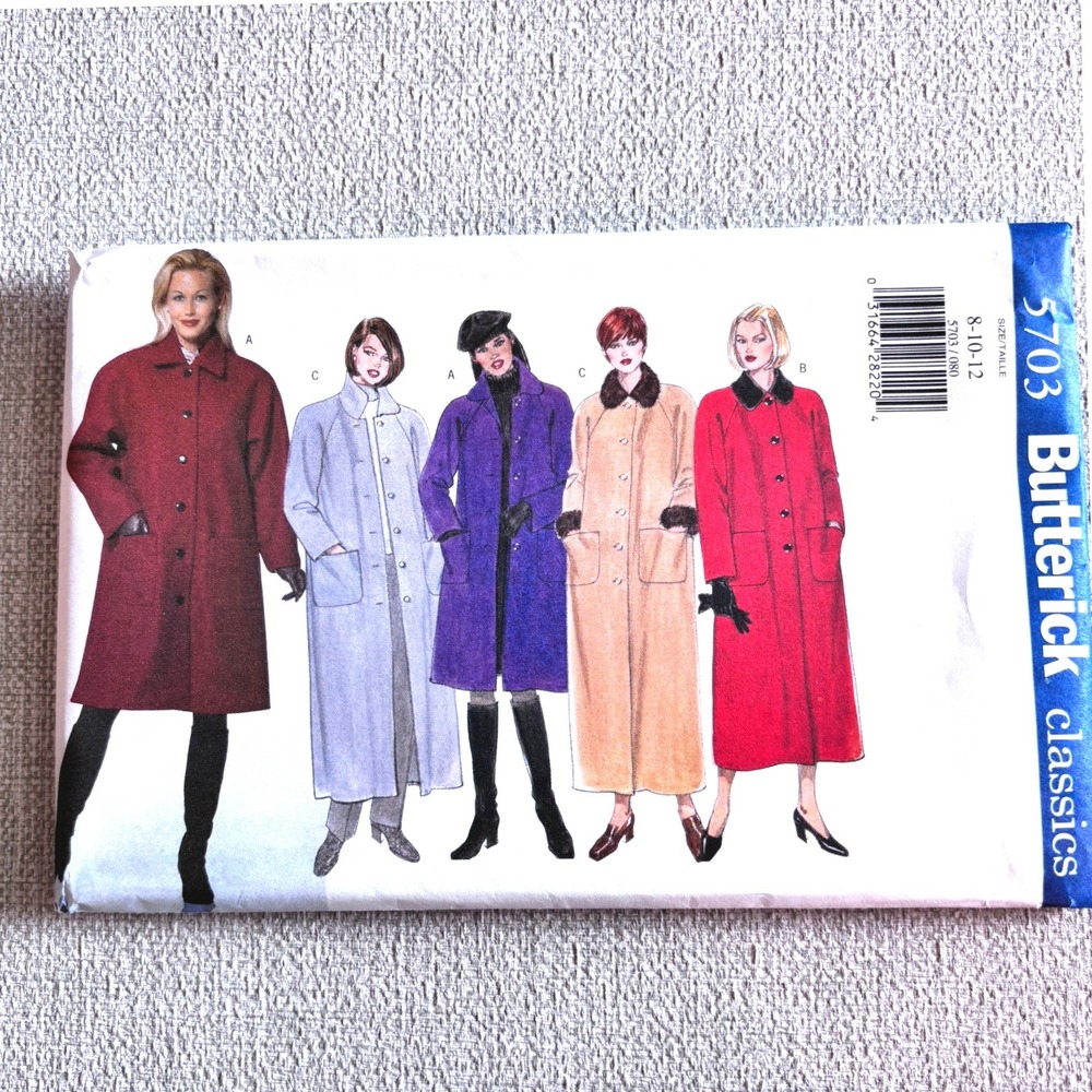 Butterick 5703 A-Line Maxi Coat Fur Collar Sz 8-12 Quiet Luxury Elegant Vtg 90s